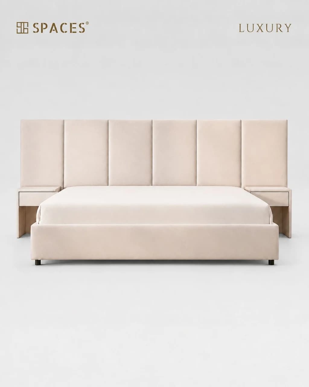 Ivory Upholstered Luxury Bed with Bedside Table
