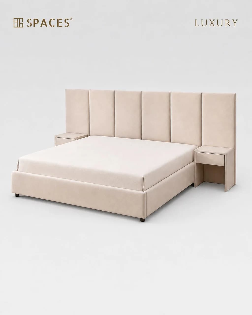 Ivory Upholstered Luxury Bed with Bedside Table