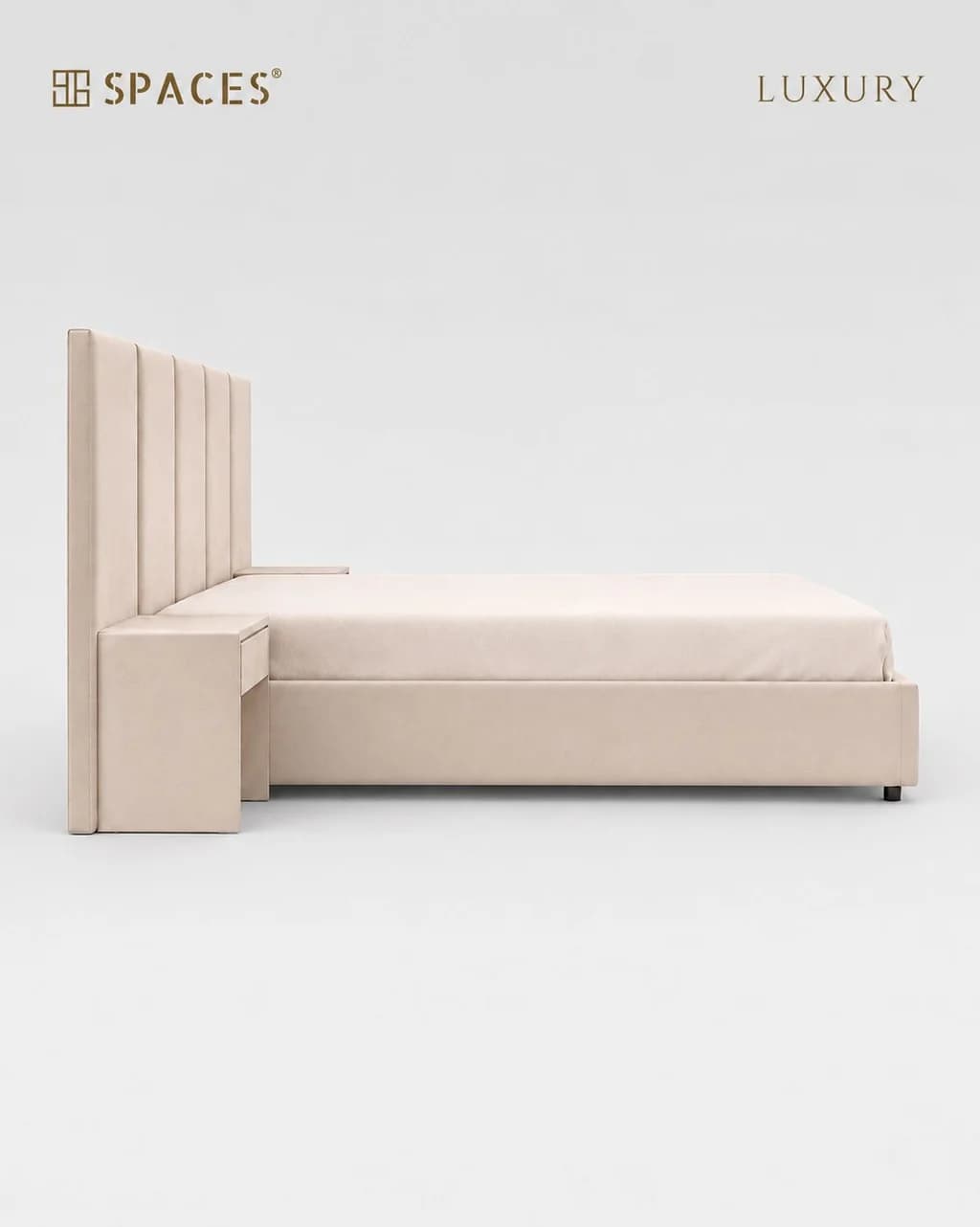 Ivory Upholstered Luxury Bed with Bedside Table