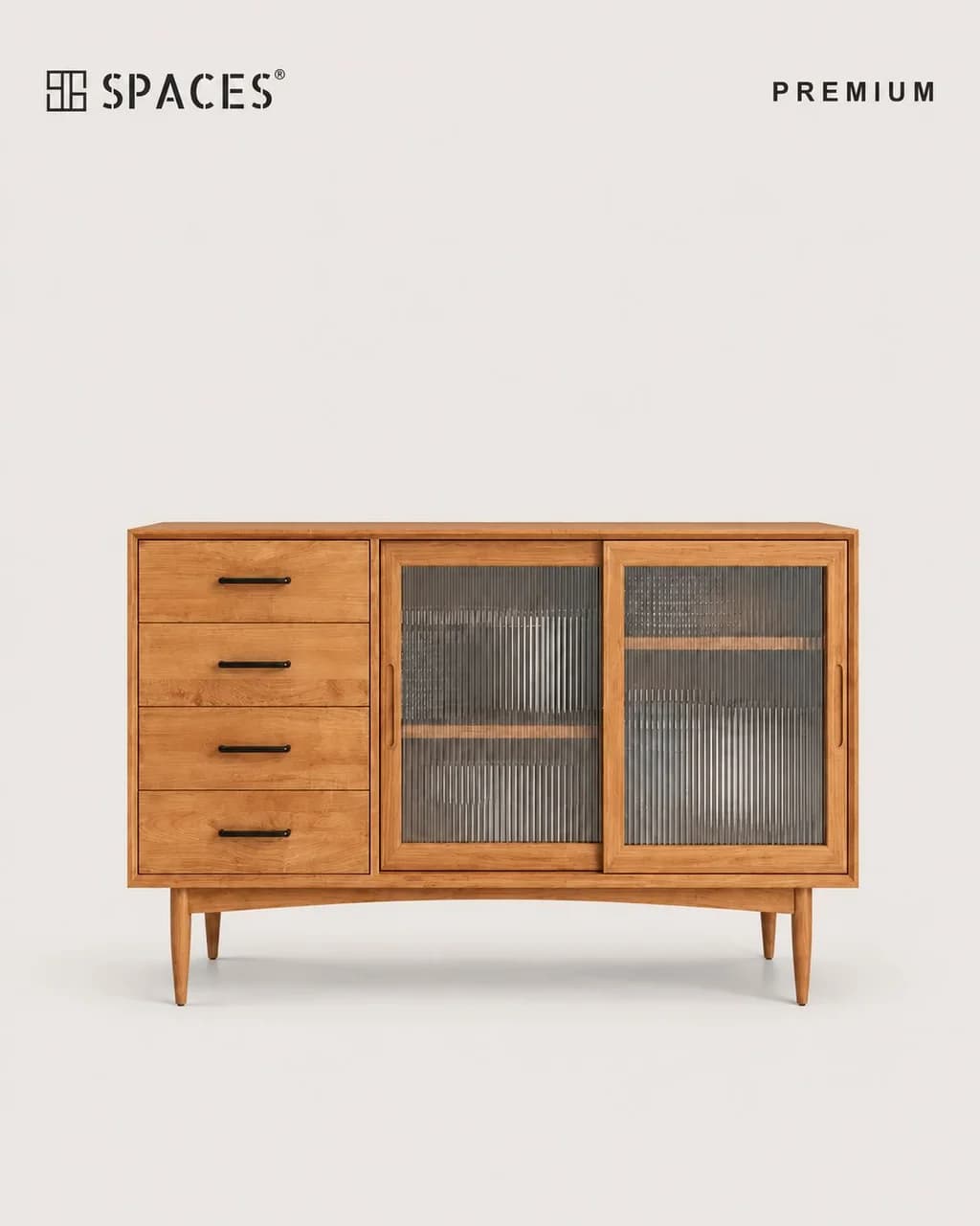 Natural Wood Premium Cabinet with Fluted Glass