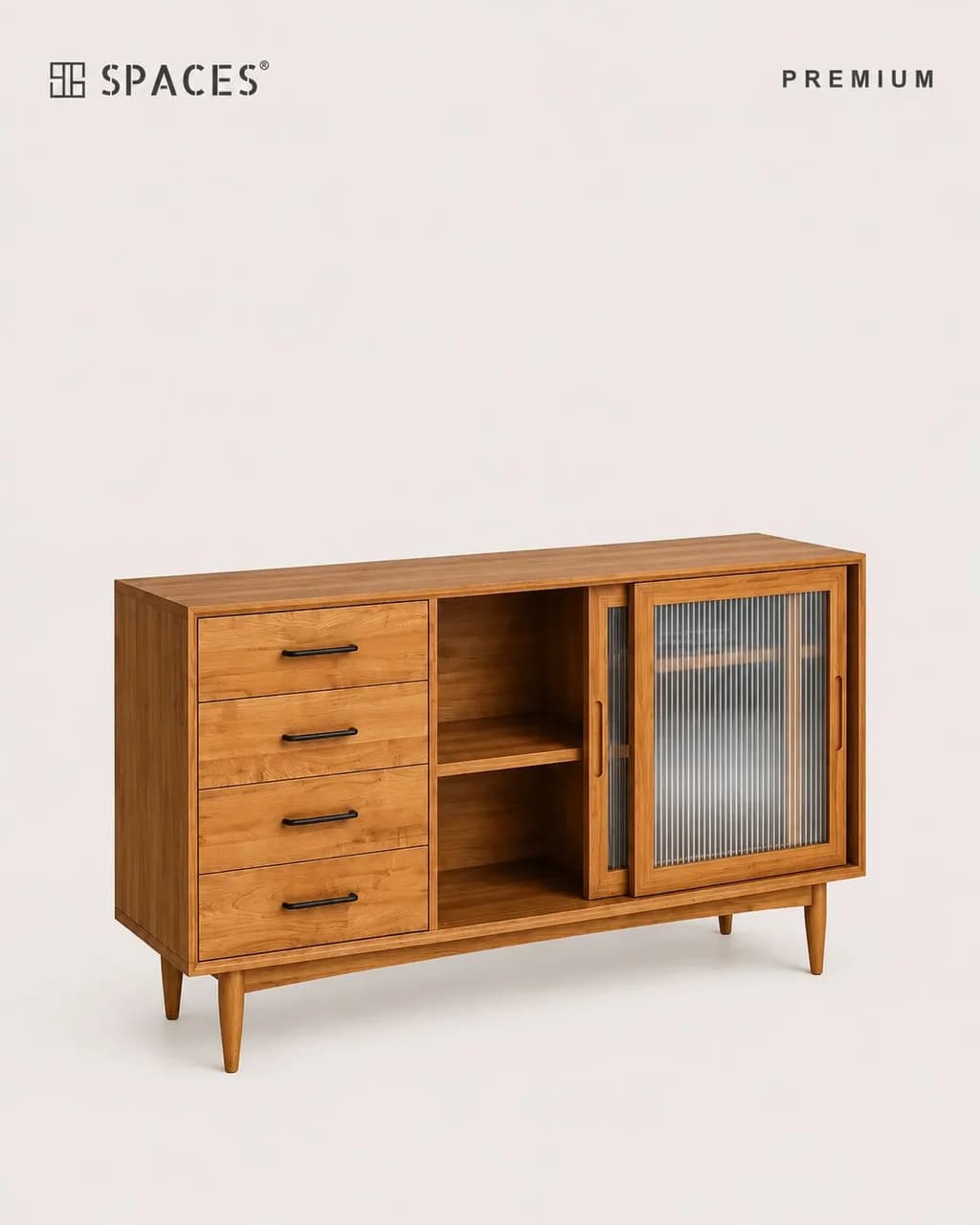 Natural Wood Premium Cabinet with Fluted Glass