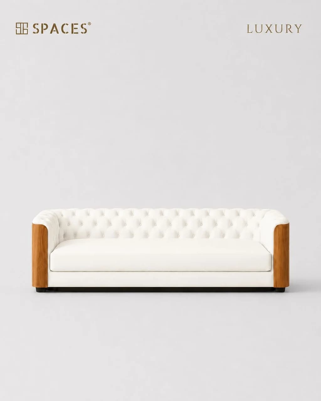 Ivory Three-Seater Luxury Sofa with Wood Accent