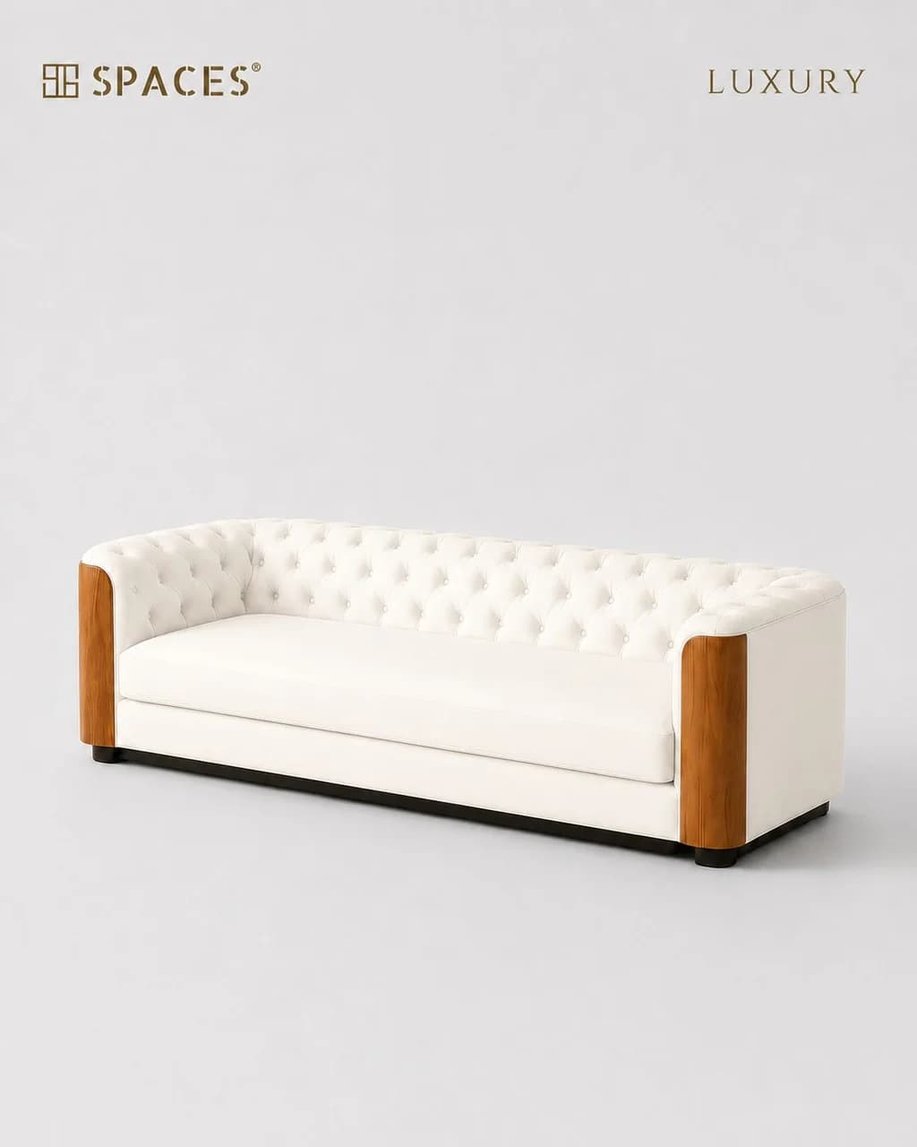 Ivory Three-Seater Luxury Sofa with Wood Accent