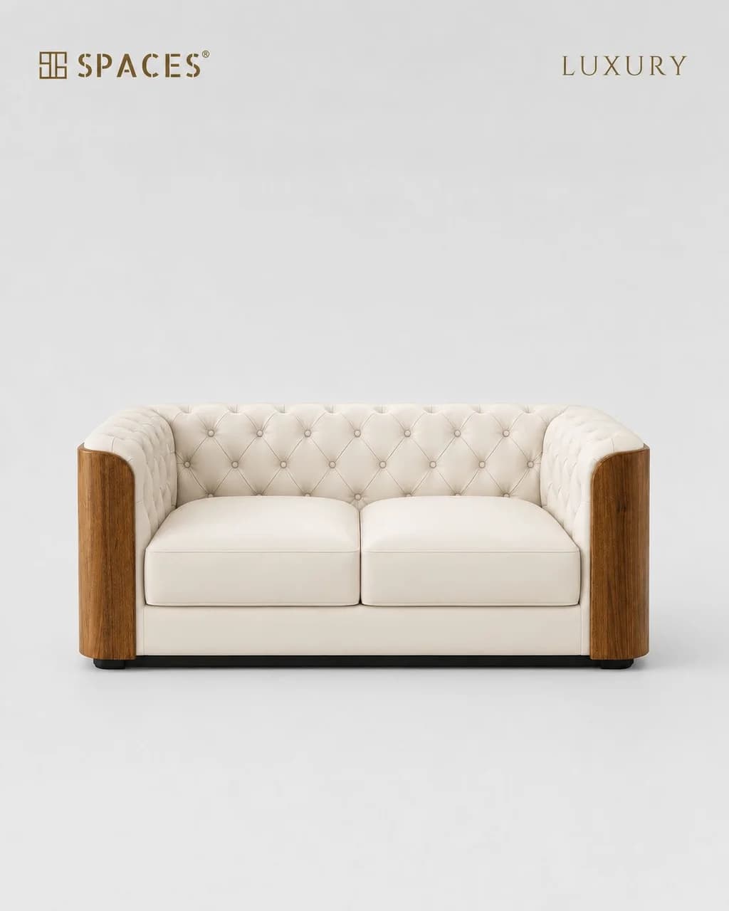 Ivory Two-Seater Luxury Sofa with Wood Accent