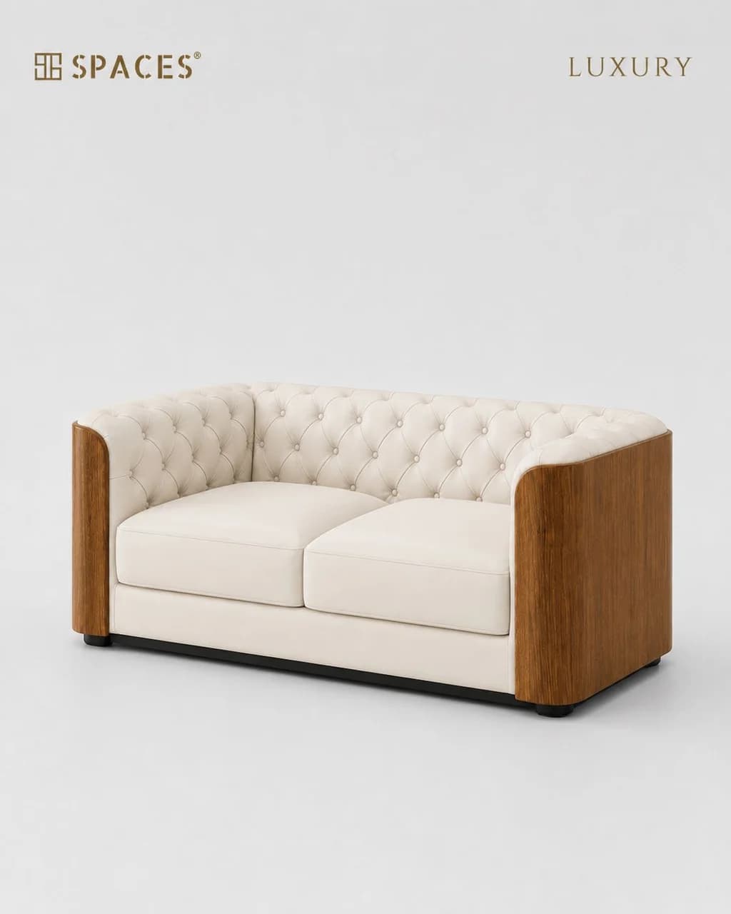 Ivory Two-Seater Luxury Sofa with Wood Accent